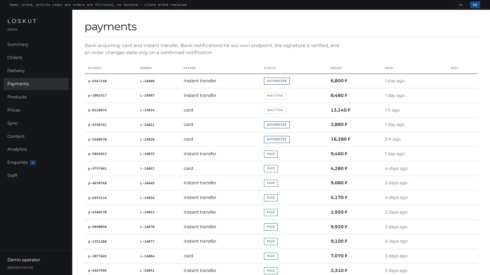 Payments journal: method, status, amount and a note