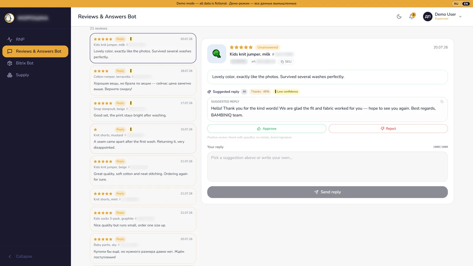 Review assistant: queue with AI drafts, intent, confidence and approve or fix buttons