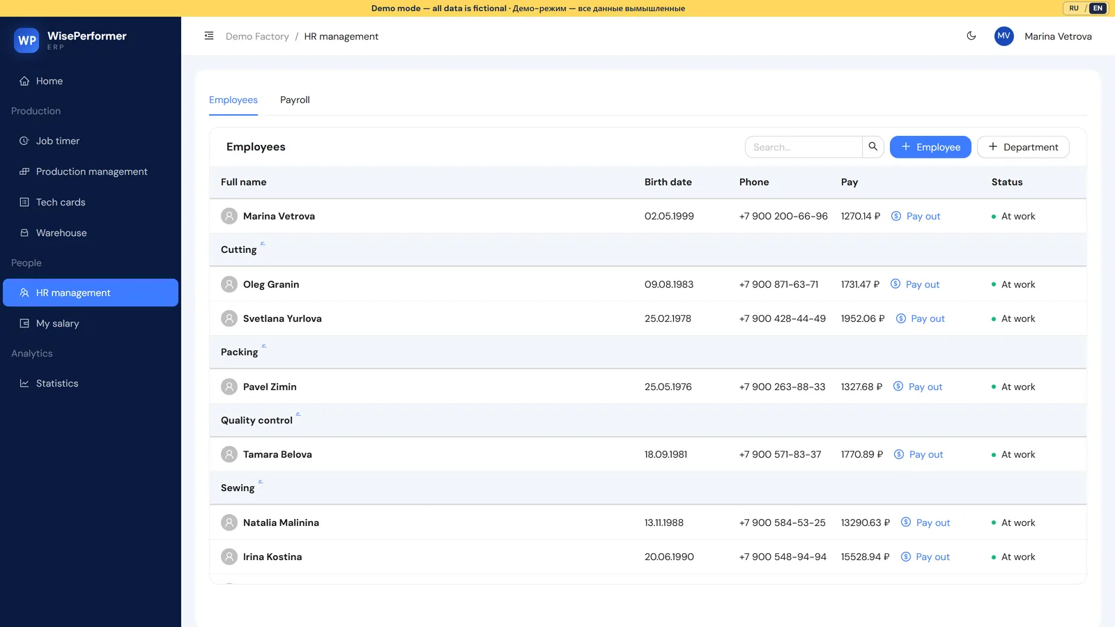 HR screen with employees and permissions