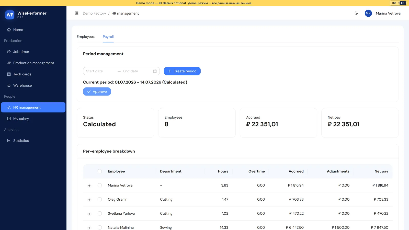 Manager payroll calculation screen